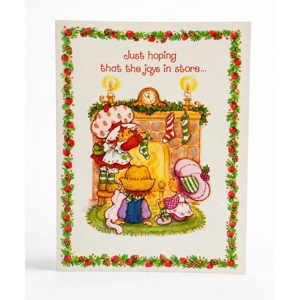 Strawberry Shortcake 1981 Happy Holidays Christmas Greeting Card Fireplace OS